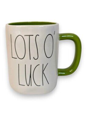 Rae Dunn Lots O' Luck Ceramic Coffee Tea Cup Mug White With Green Handle